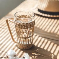 Coffee tea water clear transparent glass mug glass cup with rattan cup holder